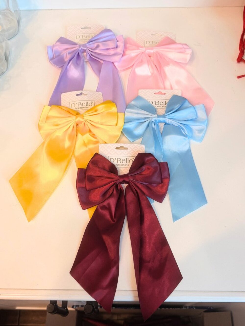 Lot of 5 D'Bello Satin Girls Hair Bows NEW Clips Cheer Dance Holiday Dress Up